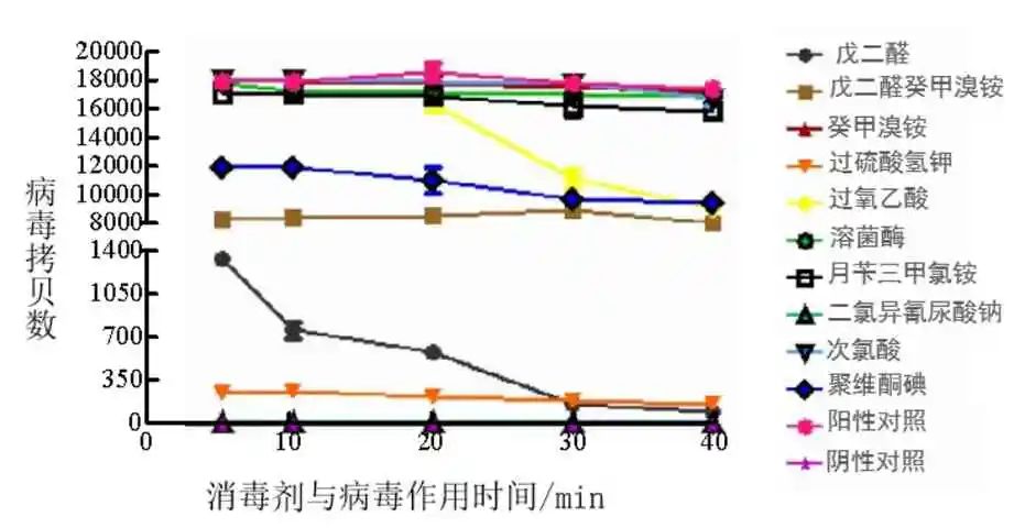  消毒剂与ASFV 不同作用时间病毒拷贝数