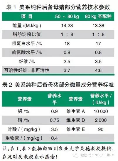 美系纯种后备母猪部分营养技术参数